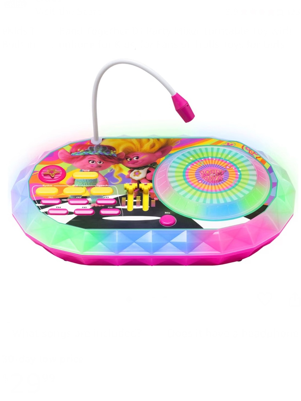 Trolls 3 DJ Trollex Party Mixer Free Spinning Toy Turntable with Microphone